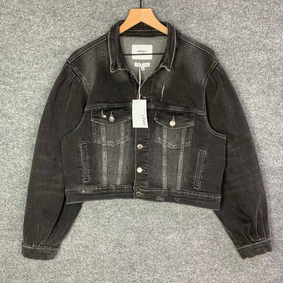 New‎ Vervet Puff Sleeve Trucker Denim Jacket Womens size Large Black - Picture 1 of 9